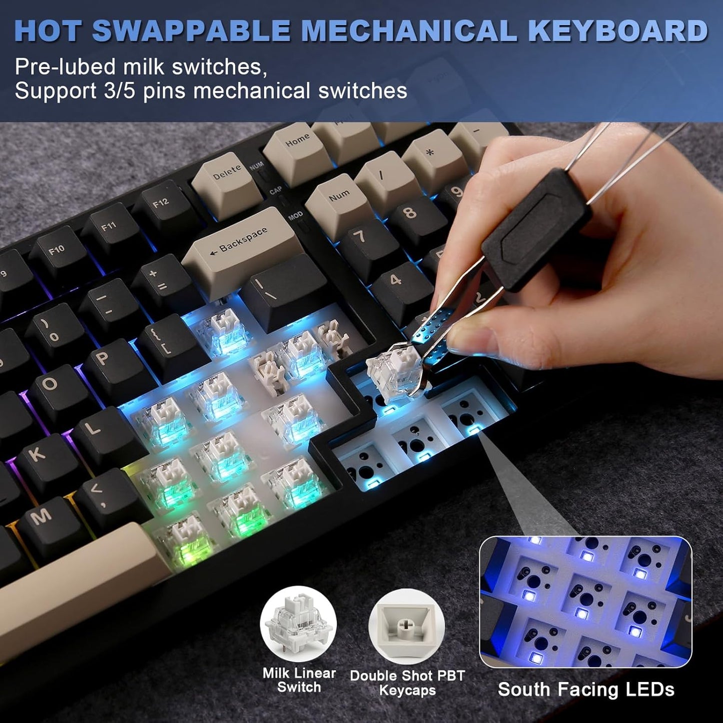 YUNZII YZ98 Gasket Mechanical Keyboard(Milk Switch, Black) Keyboard Wrist Rest(Cat)