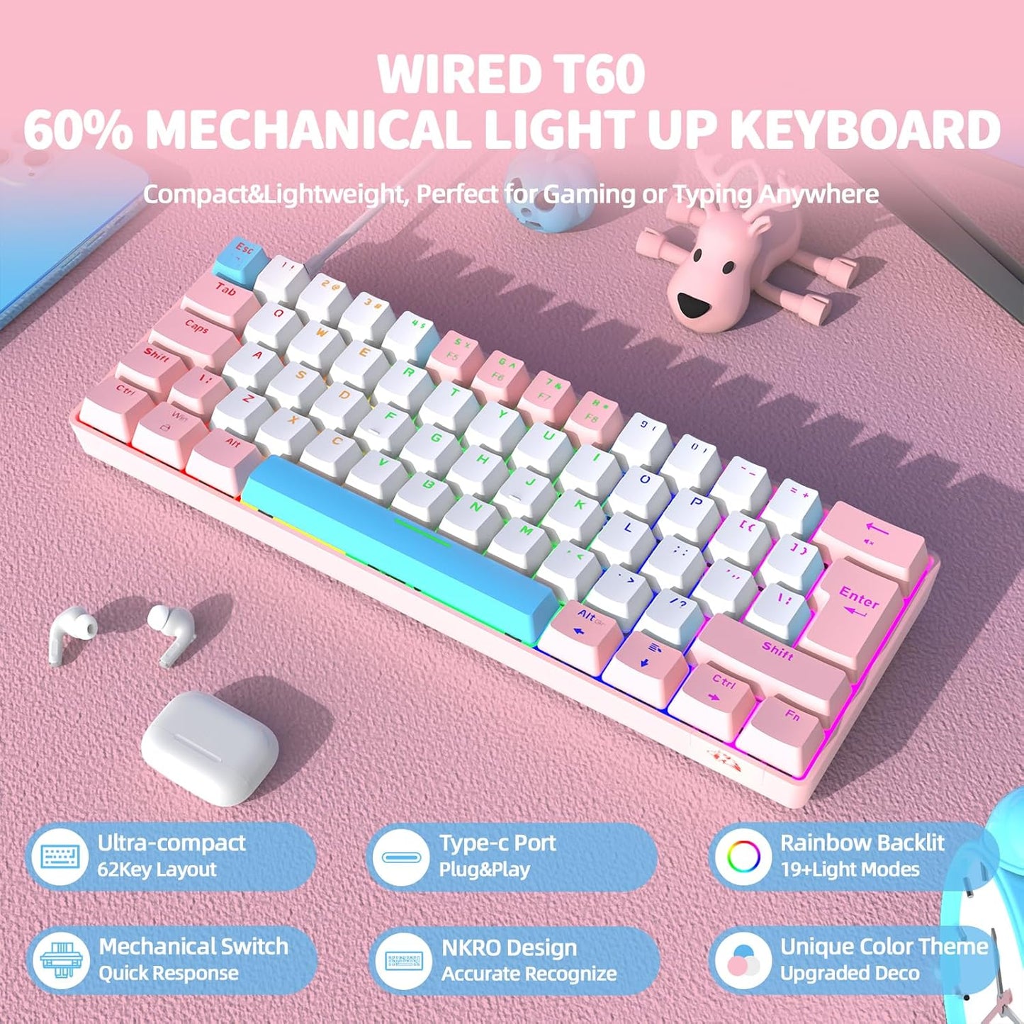 ZIYOU LANG T60 Wired 60% TKL Mechanical Gaming Keyboard with Led Rainbow Backlight Ultra-Compact NKRO Tactile Clicky Blue Switch Tri-Color ABS Keycap for Windows Laptop PC Mac Gamer(Pink/White)