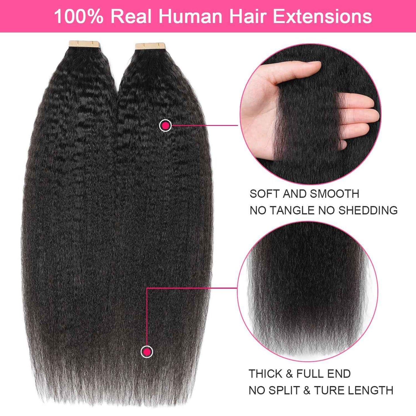 40pcs Tape in Hair Extensions Human Hair Kinky Straight Invisible Tape ins Hair Extensions Real Human Hair for Black Women 3c 4a Yaki Straight Tape Extensions 22 Inch