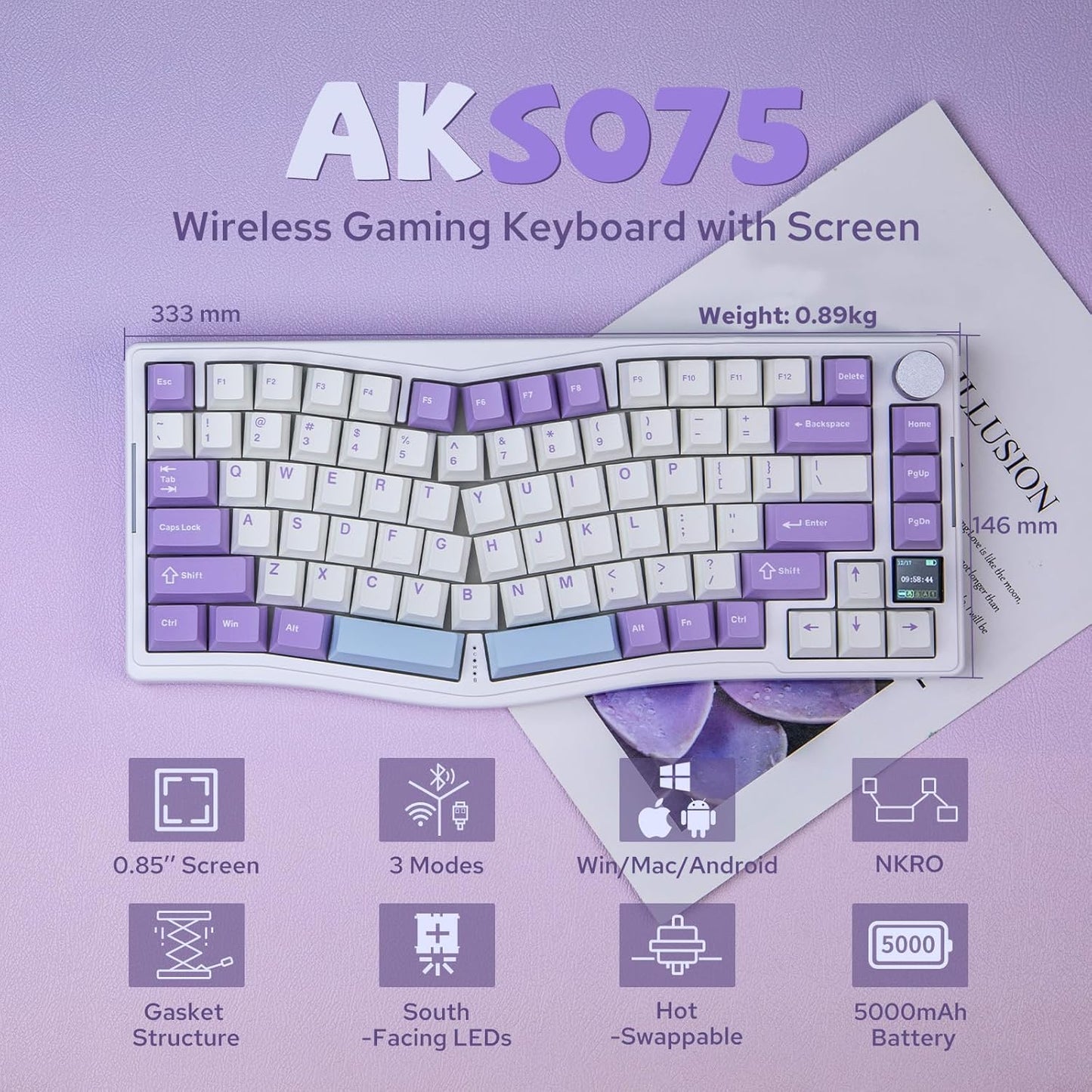 AJAZZ AKS075 Wireless Gaming Keyboard, Hot-Swappable Gasket Mechanical 75% Alice Keyboard with 0.85’ TFT Screen, BT5.1/2.4GHz/USB-C, 5000mAh Battery (Black, Flying Fish Switch)