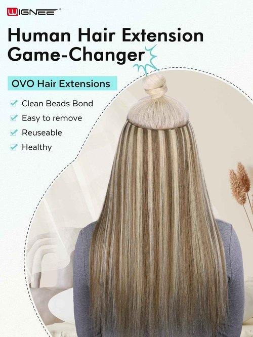 WIGNEE OVO 18 Inch Butterfly Invisible Human Hair Extensions, 1PC 50g Double Layer 13 Inch Wide Seamless Cuttable Blended Blonde with Micro Beads, Glueless Install for Thin Hair Volume