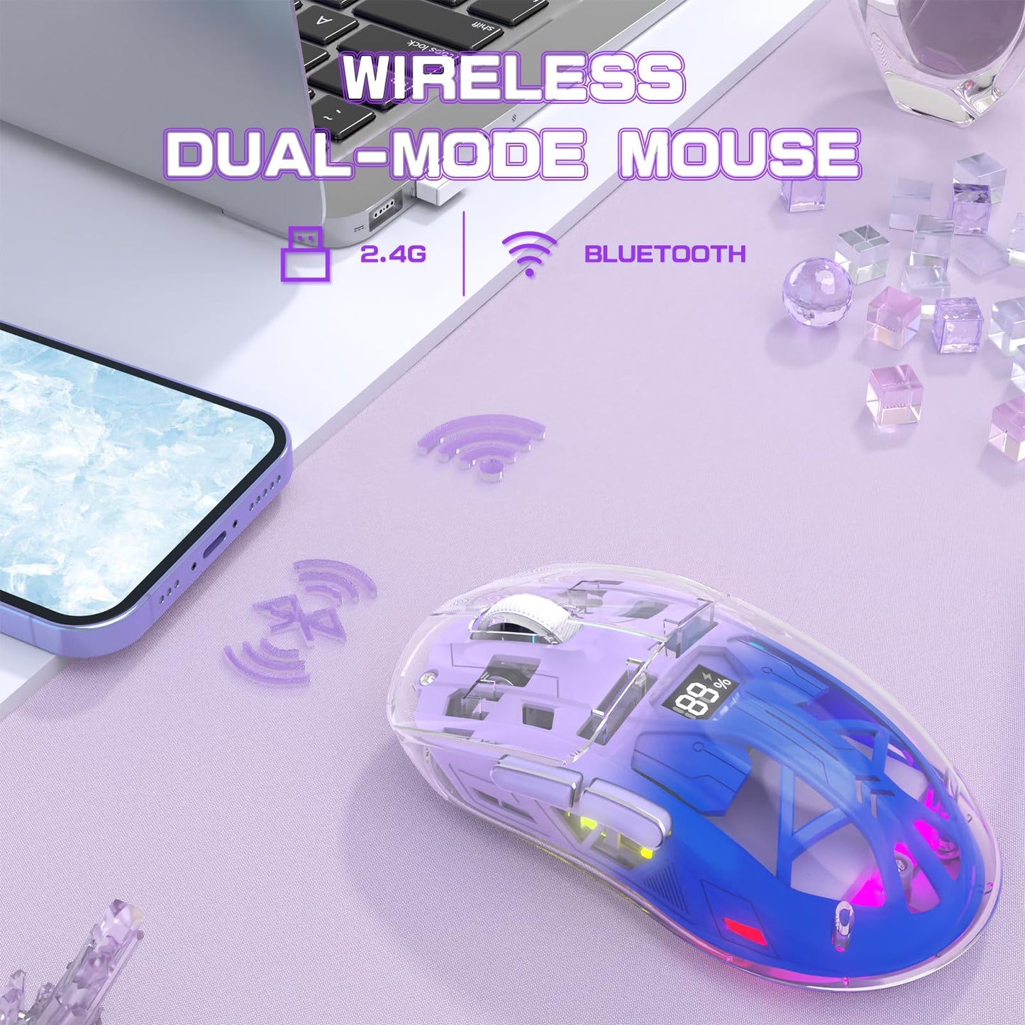 ZIYOU LANG A2 Transparent Wireless Gaming Mouse with Battery Level Display,Bluetooth/2.4G Wireless PC Mice,3D RGB Backlit,5 Million Clicks,PixArt 3212,up to 4000 DPI for Win/MAC,Purple