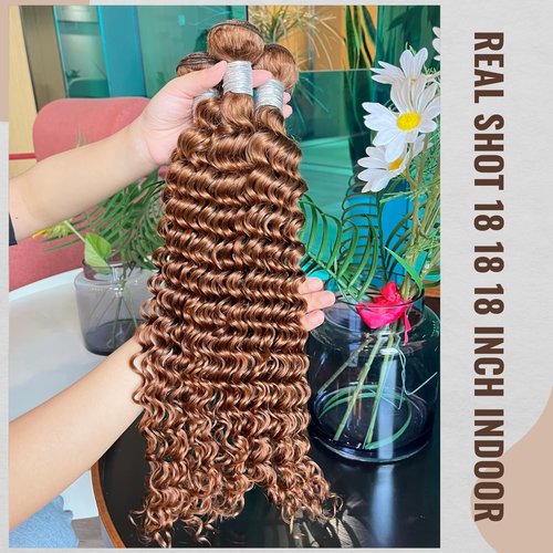 MOMOSHERO Deep Wave Human Hair Bundles Color 30 Light Auburn Curly 3 Bundle 12 14 16 Inch, 100% Unprocessed 10A Virgin Remy Bouncy Wholesale Hair Brown Curly Sew In Hair Bundles