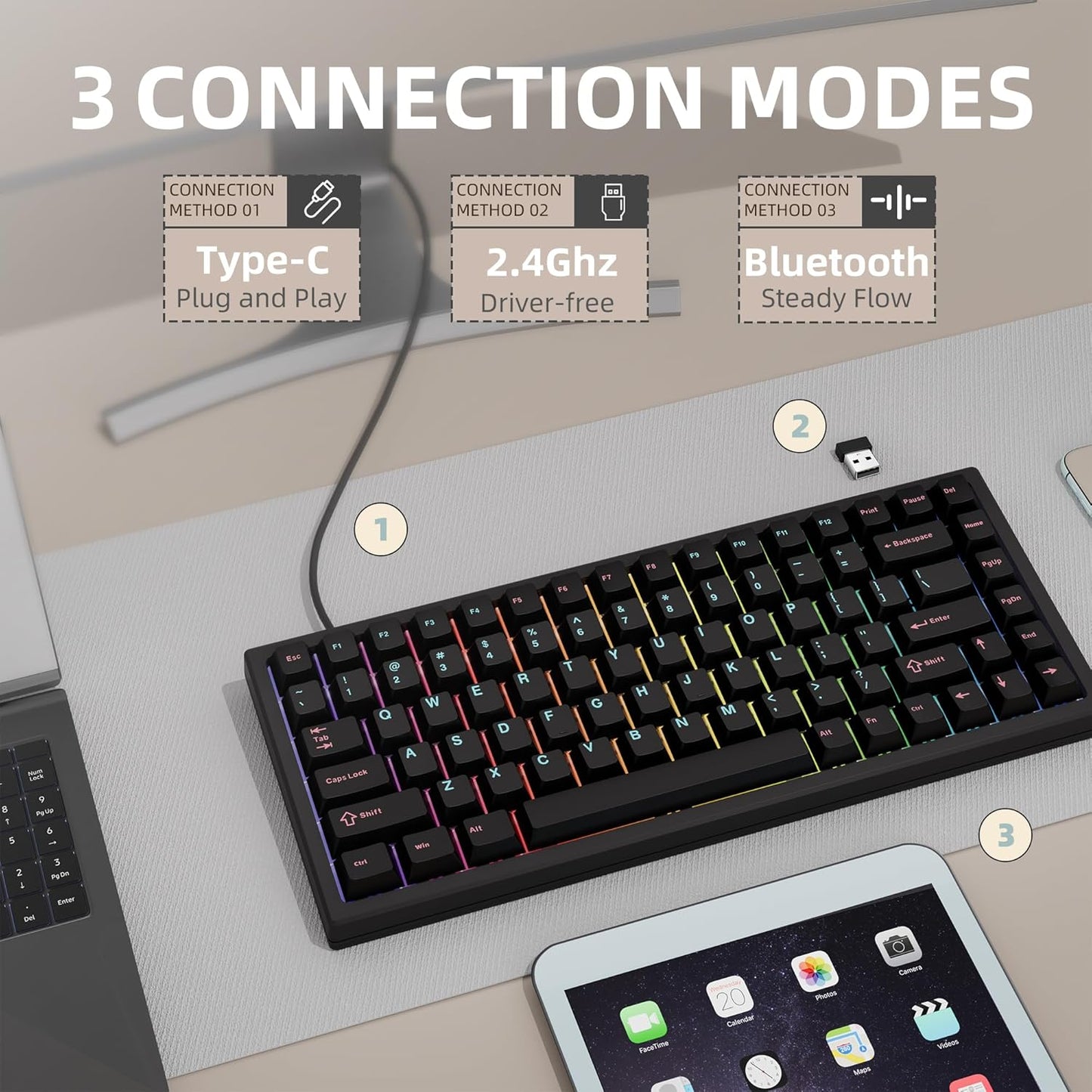 75% Wireless Gaming Keyboard RGB Triple Mode Hot Swappable Mechanical Keyboards PBT Keys Gasket Creamy Custom Keybad Quiet White Switch for Win/MAC