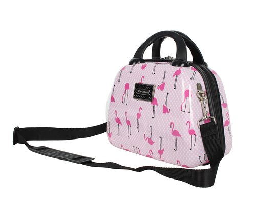 Betsey Johnson Hardside Cosmetic Case - Lightweight Small Size Hardshell Travel Hand Makeup Bag - Adjustable Shoulder Strap - Bag for Women- Multi-Functional Case (Flamingo Strut)