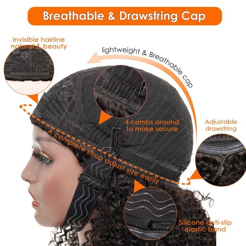 CabeDuck 20 Inch Kinky Curly Half Wig Human Hair 210% Density Wear then Go Glueless Wigs Human Hair Curly 3 In 1 Half Wigs for Women Drawstring Headband Wig Beginner Friendly Second Generation