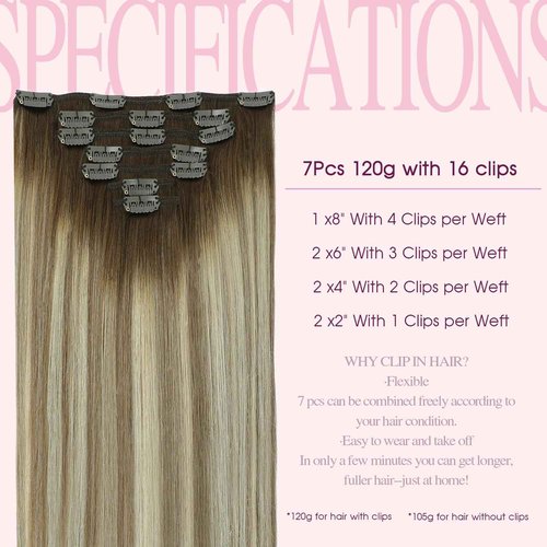 PINKPEARL Clip in Human Hair Extensions #3/8/22 Balayage Walnut Brown to Ash Brown and Golden Blonde Clip in Hair Extensions Real Human Hair 7pcs 120g 16inch Human Hair Extensios Clip ins(#3/8/22-16)