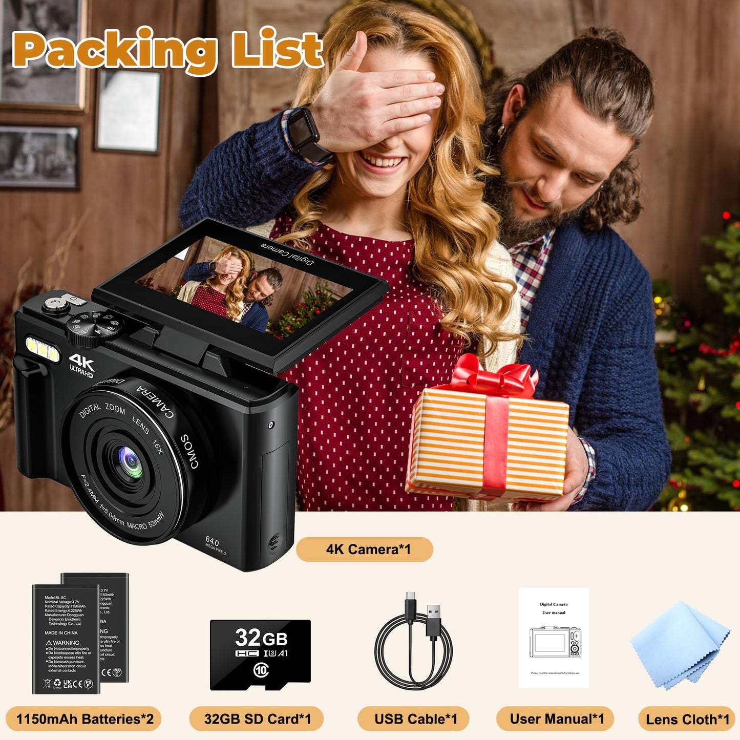 4K Digital Camera - Digital Cameras for Photography - 64MP Vlogging Camera for YouTube - Autofocus Video Camera 3" 180° Flip Screen with 18X Zoom - Compact Travel Cameras with 32GB SD Card 2 Batteries
