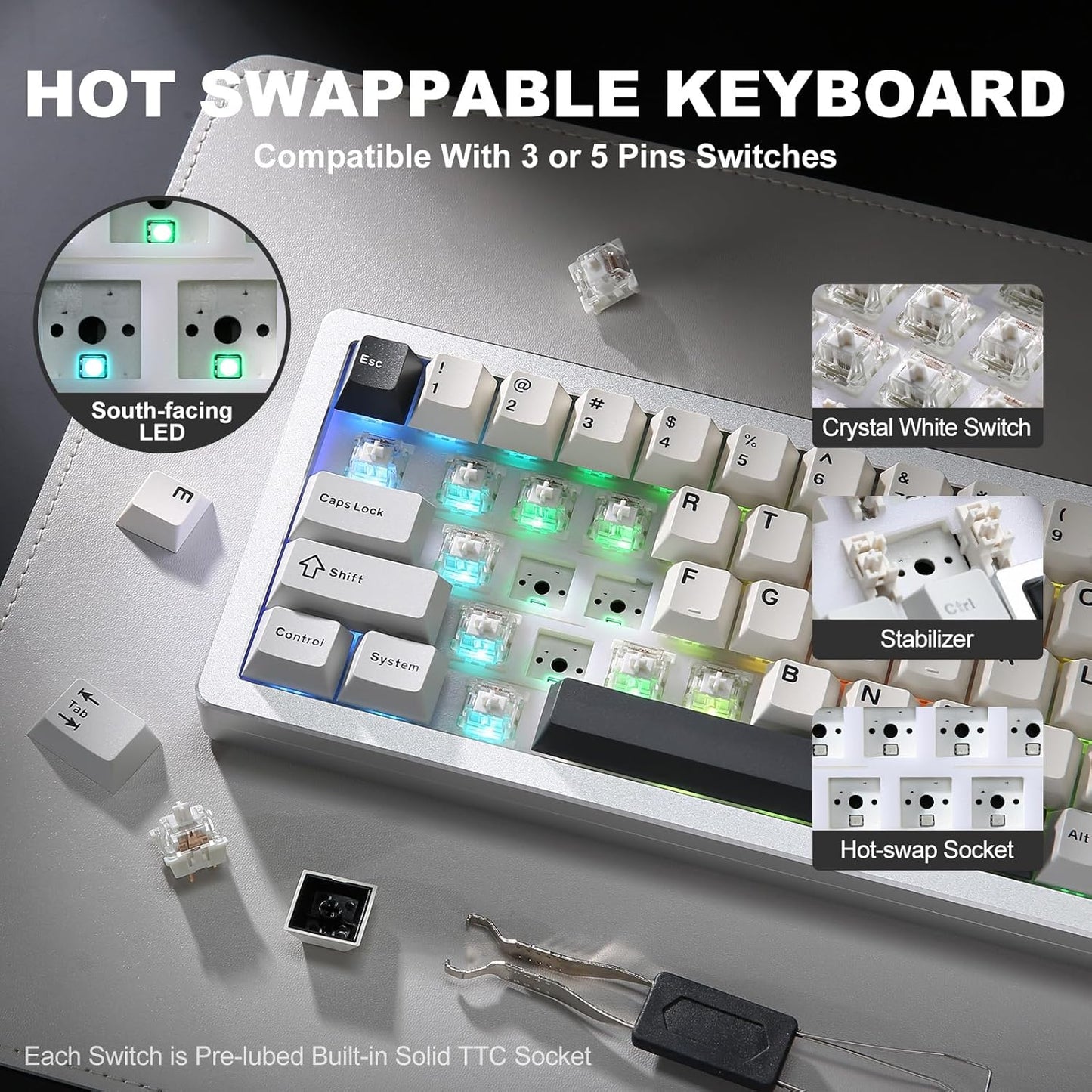 YUNZII AL71 75% Mechanical Keyboard,Full Aluminum CNC,Hot Swappable Gasket,2.4GHz Wireless BT5.0/USB-C Wired,NKRO Programmable RGB Backlight Creamy Typing for Win/Mac(Black,Crystal White Switch)