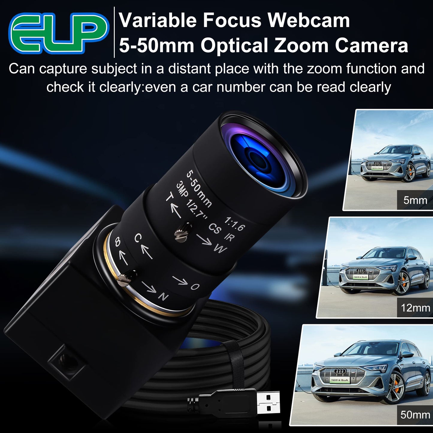 8MP USB Camera Manual Zoom 5-50mm Lens Webcam Variable Focus PC Camera Mini UVC USB2.0 USB with Camera for Computer IMX179 Close-up Camera Varifocal Web Camera with Zoom for Raspberry Pi Laptop