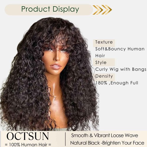 OCTSUN Wear and Go Human Hair Wigs with Bangs Bouncy Curly Human Hair Wigs for Black Women Glueless Full Machine Made Wigs Human Hair Deep Wave None Lace Front Wigs with Bangs 24 Inch 180% Density