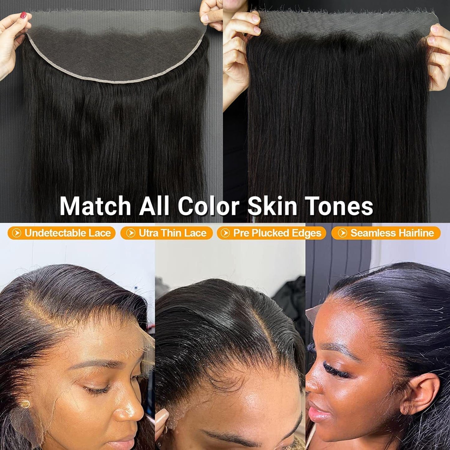 KRN 13x4 HD Lace Frontal, 0.10mm Skinlike Ultra-thin Invisible Frontal HD Lace Pre Plucked with Baby Hair 12A Silk Straight Brazilian Human Hair Extensions Single Knots 12 Inch