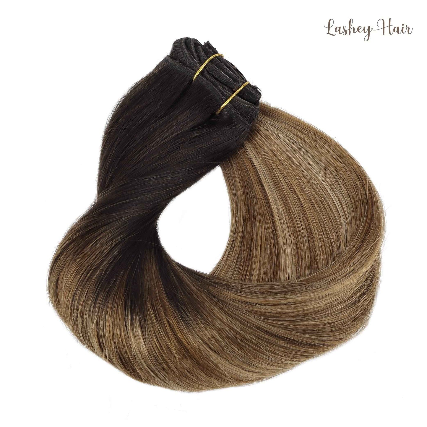 Lashey Clip in Hair Extensions - 22 inch Dark Brown to Chestnut Brown & Dirty Blonde Highlighted Real Human Hair - 120g 7pcs