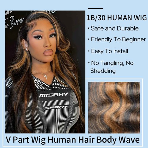 XSSXAKO V Part Wig Human Hair Body Wave Wig Upgradae Wigs Human Hair V Part Half Wigs for Black Women No Glueless No Leave Out Beginner Friendly 180% Density #1B/30 (20inch)