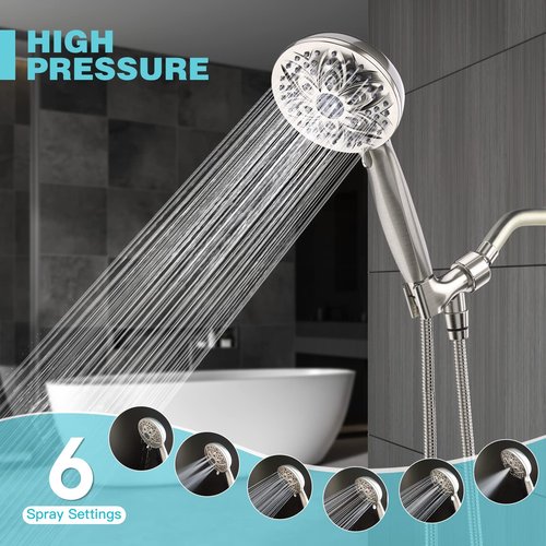 JDO Shower Head with Handheld, High Pressure Handheld Shower Head 6 Settings, Detachable Set with Stainless Steel Hose and Shower Bracket (Brushed Nickel)