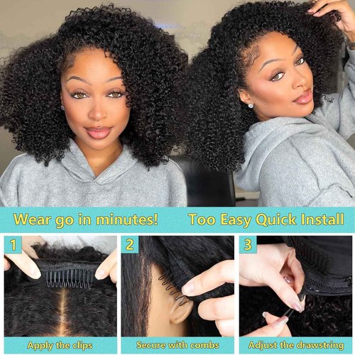 VFFTI Kinky Curly Half Wig Human Hair 200 Density 3 In 1 Drawstring Seamless Flip Half Wigs Wear Go Glueless Wigs Human Hair 18 Inch Curly Half Wig for Women Drawstring Headband Wig Beginner Friendly