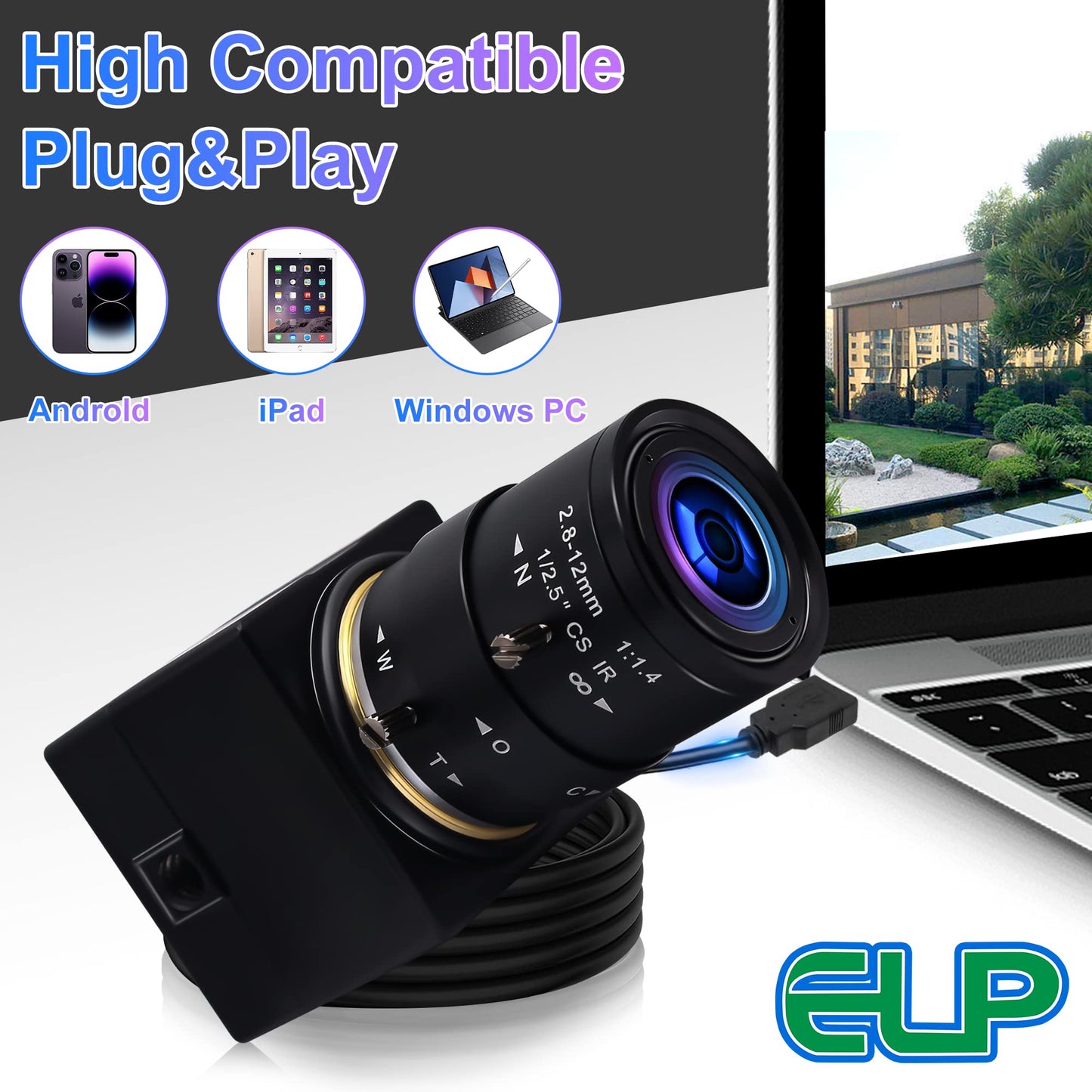 1080P USB Webcam with Zoom 2.8-12mm Vari-Focus PC Camera - 100fps/60fps Varifocal Lens
