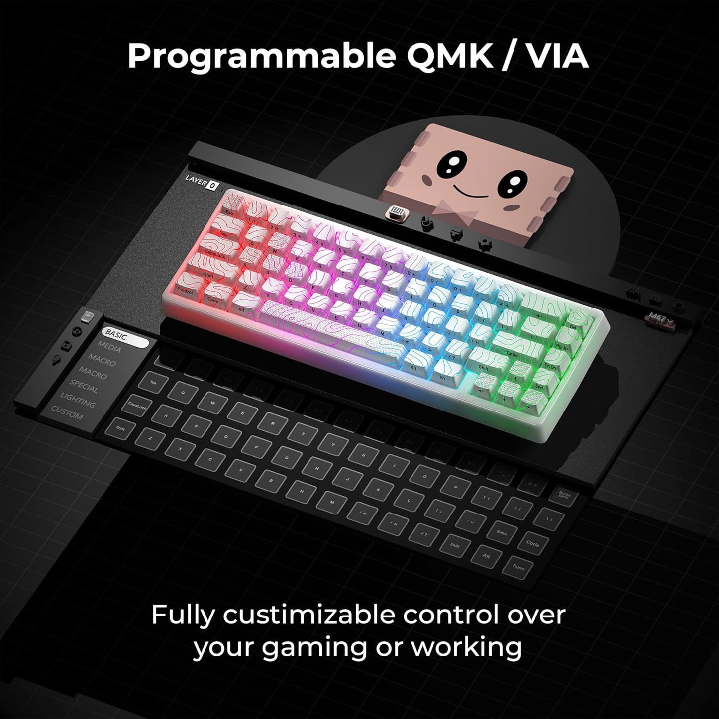 XVX M67 Wireless 60% Percent Keyboard, QMK/VIA Topographic Gaming Keyboard, Tri-Mode Thocky Creamy Mechanical Key Board, Hot Swappable Gasket Mount RGB IMD Tech for Win/Mac, Miami Theme, White