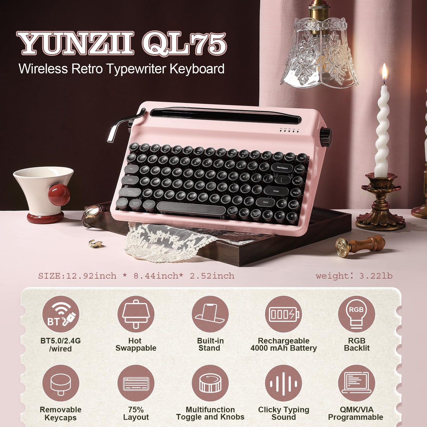 YUNZII QL75 Wireless Typewriter Hot Swap Retro Mechanical Keyboard,Punk Round Keycaps,RGB Backlit QMK/VIA Programmable,Multi-Device Keyboard with 2.4GHz/Type-C/BT5.0 (Pink, Cocoa Cream V2 Switch)