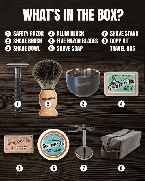 Gentleman Jon Deluxe Vintage Shaving Kit for Men - Men's Shaving Set Gifts, Compact Design, Includes Safety Razor and Brush Stand, Brush, Potassium Alum Block, Soap, Stainless Bowl, Stand & Dopp Kit