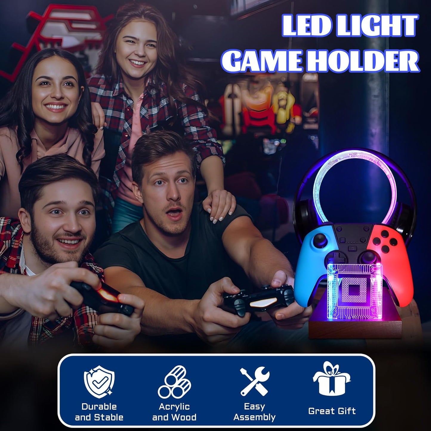 YuanDian Gamer Gifts for Teenage Boy, Desk Gaming Headset and Controller Stand with Blue Pink LED Night Light, Acrylic Wooden Controller Holder with PCB Pattern, Desk Decor Gift