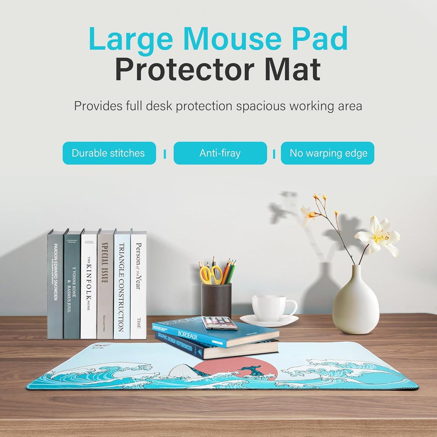 XVX Japanese Sea Wave Large Mouse Pad for Desk, Desk Mat with Seamed Edges, Waterproof Desk Pad, Gaming Mouse Pad Non-Slip Rubber Base, 31.5x11.8 Inch 3mm Thick Keyboard Pad Computer Mat, Kanagawa