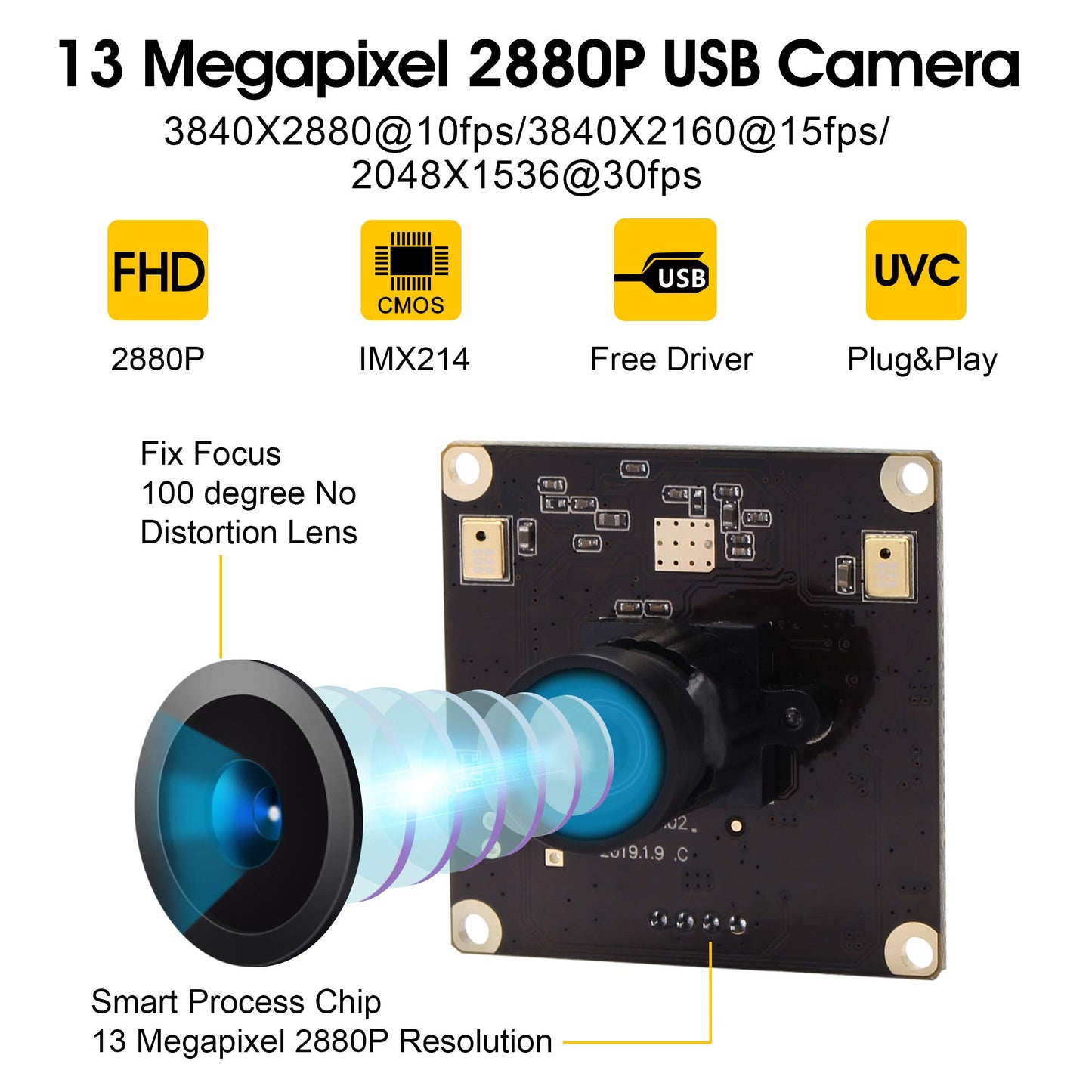 13mp Wide Angle USB Camera Module with Microphone for Computer 100degree No Distortion Lens Webcam Board Mini UVC USB2.0 PC Camera Industrial Video Audio USB with Camera for Raspberry Pi Laptop