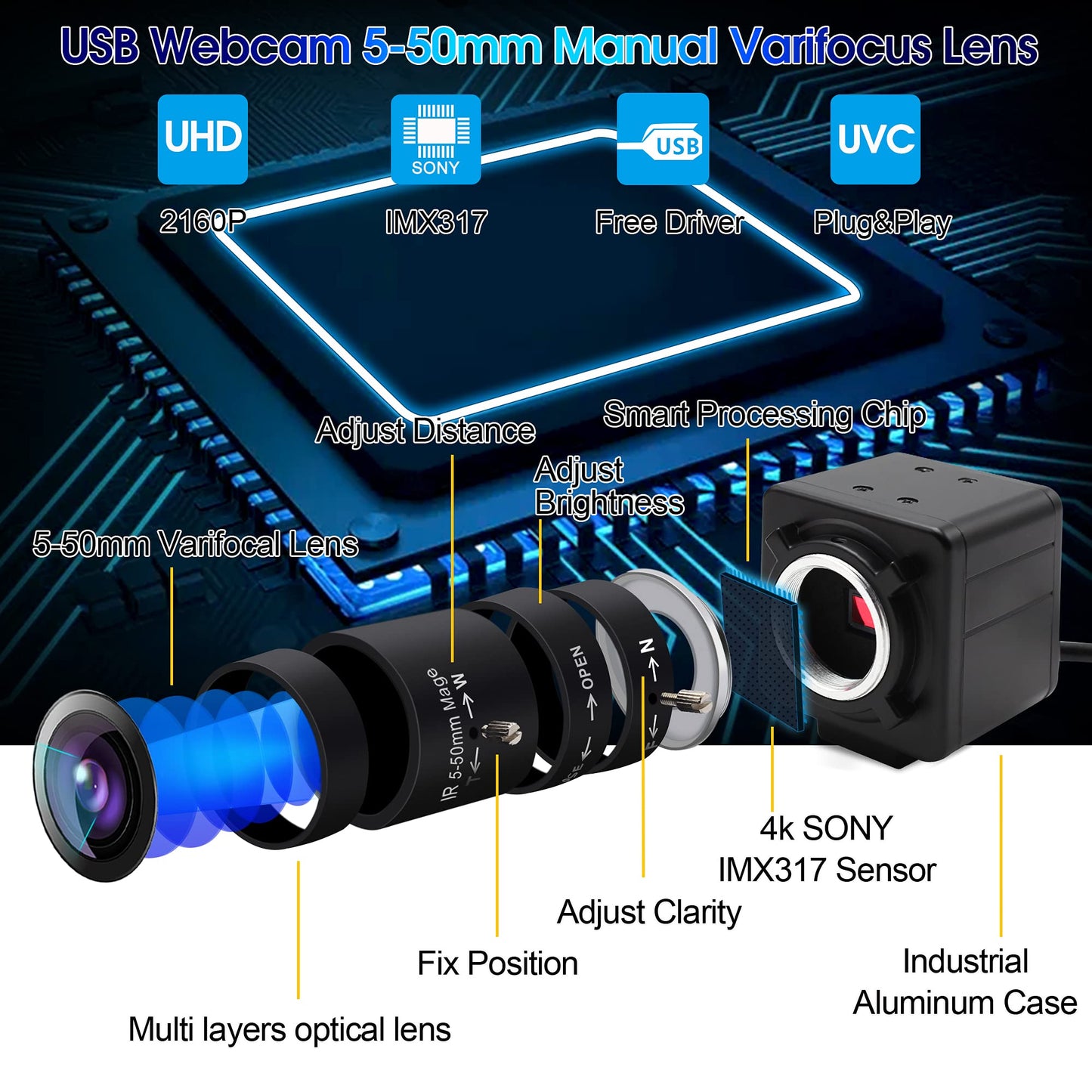 4K USB Camera Manual Zoom Webcam 5-50mm Variable Focus PC Camera for Computer Mini UVC USB2.0 Web Camera IMX317 Varifocal USB with Camera Industrial Video Close-up Camera for Laptop Android Mac