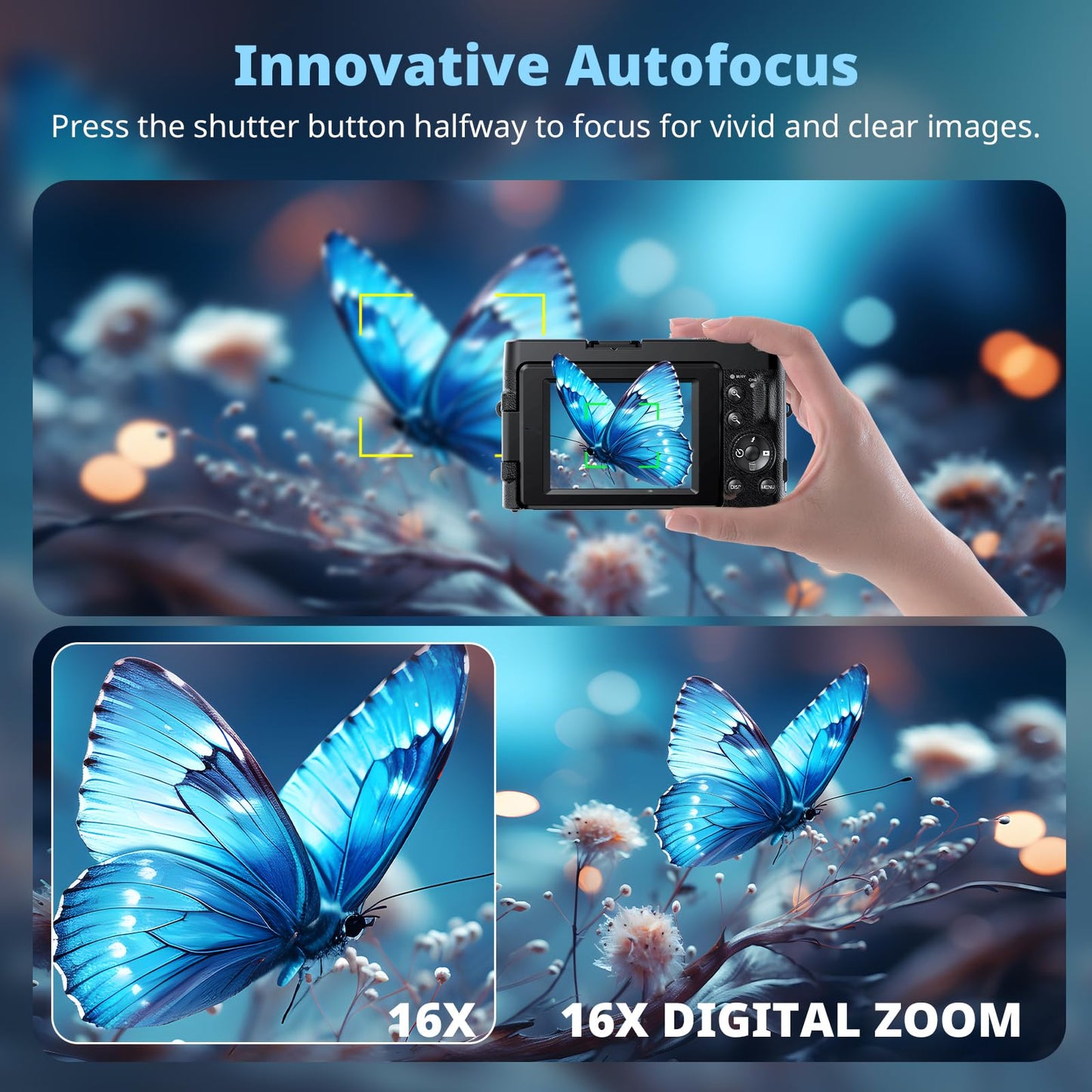 4K Digital Camera for Photography, UHD Autofocus 48MP 180° Flip Screen 16X Zoom Compact Point Shoot Vlogging Camera for YouTube with 2 Batteries, 32GB Card (Black)