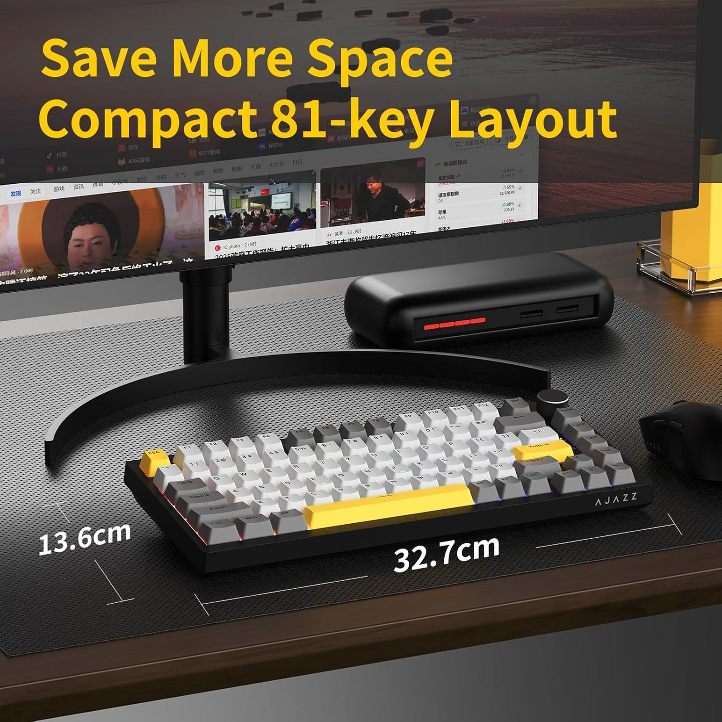 AJAZZ AK820PRO 75% Hot Swap Gasket Mount Mechanical Keyboard with TFT Display Screen, 4000mAh BT/2.4G/Wired RGB South Facing LED, MOA Profile Keycaps & Knob Control Flying Fish Switch