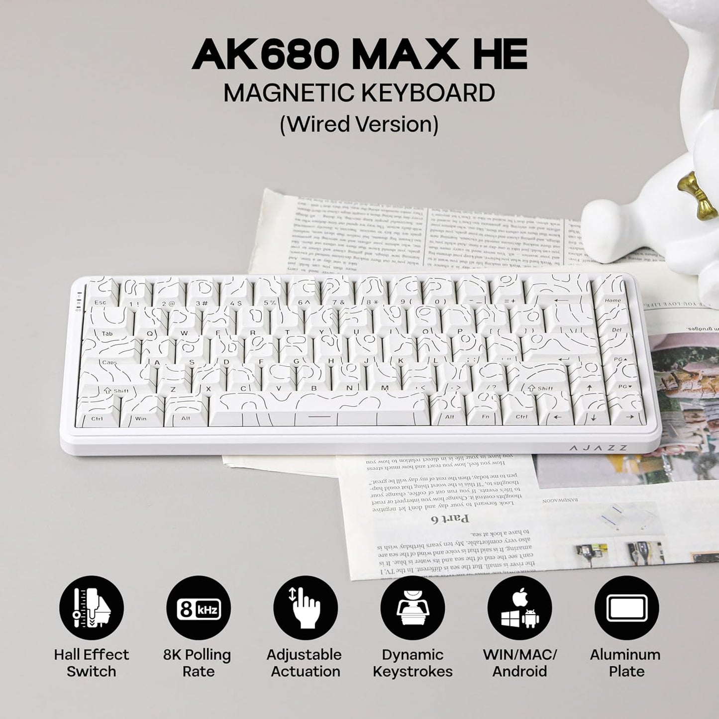 AK680 MAX Wired Gaming Keyboard with Hall Effect Switch, Rapid Trigger Magnetic Keyboard with 8K Polling Rate, Top Structure, RGB Backlight (White)