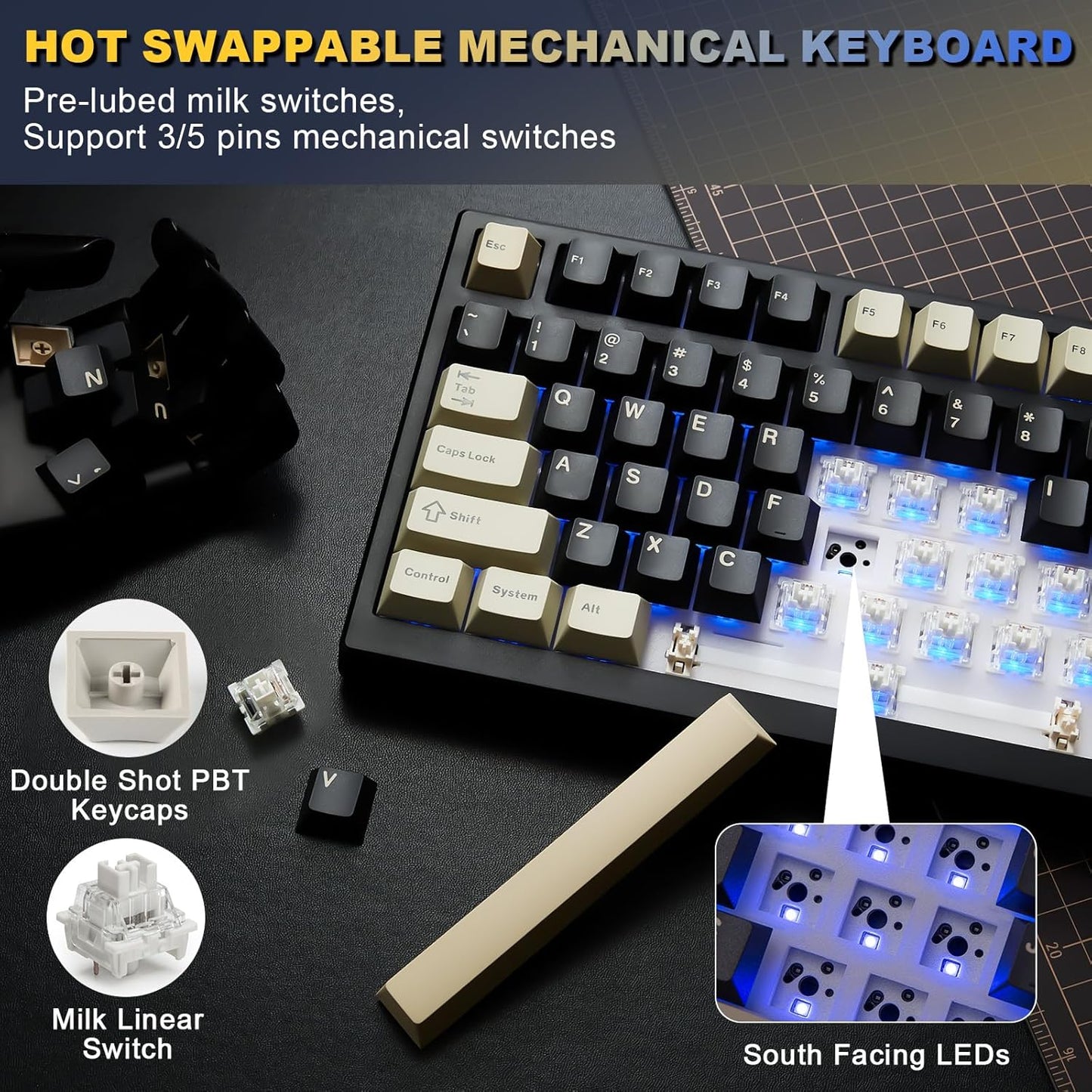 YUNZII YZ98 Gasket Mechanical 99 Key Hot Swappable Keyboard(Milk Switch, Black), Spring Tea Dye Sub PBT Keycaps(Cherry Profile, Spring Tea)
