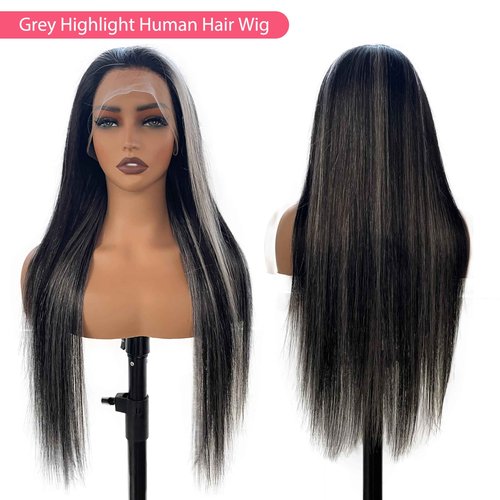 Smartinnov Grey Highlight Lace Front Wigs Human Hair Ombre Black with Grey 13x4 Glueless Wigs Virgin Hair Pre Plucked 1B Sivler 18 Inch 150% Density Transparent HD Lace Wig with Baby Hair for Women