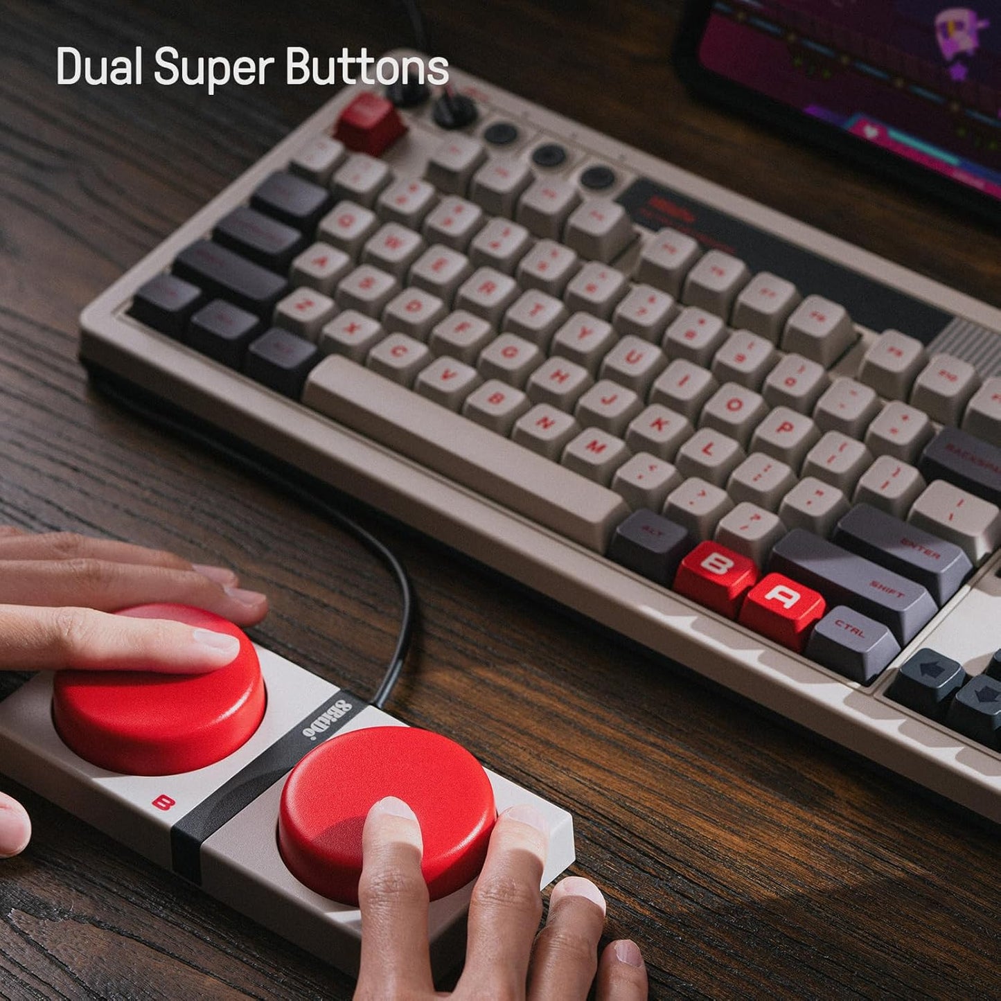 8Bitdo 87 Keys Retro Mechanical Keyboard, Bluetooth/2.4G/USB-C Hot Swappable Gaming Keyboard with Dual Super Programmable Buttons and Super Stick, Volume knob for Windows and Android - C64 Edition