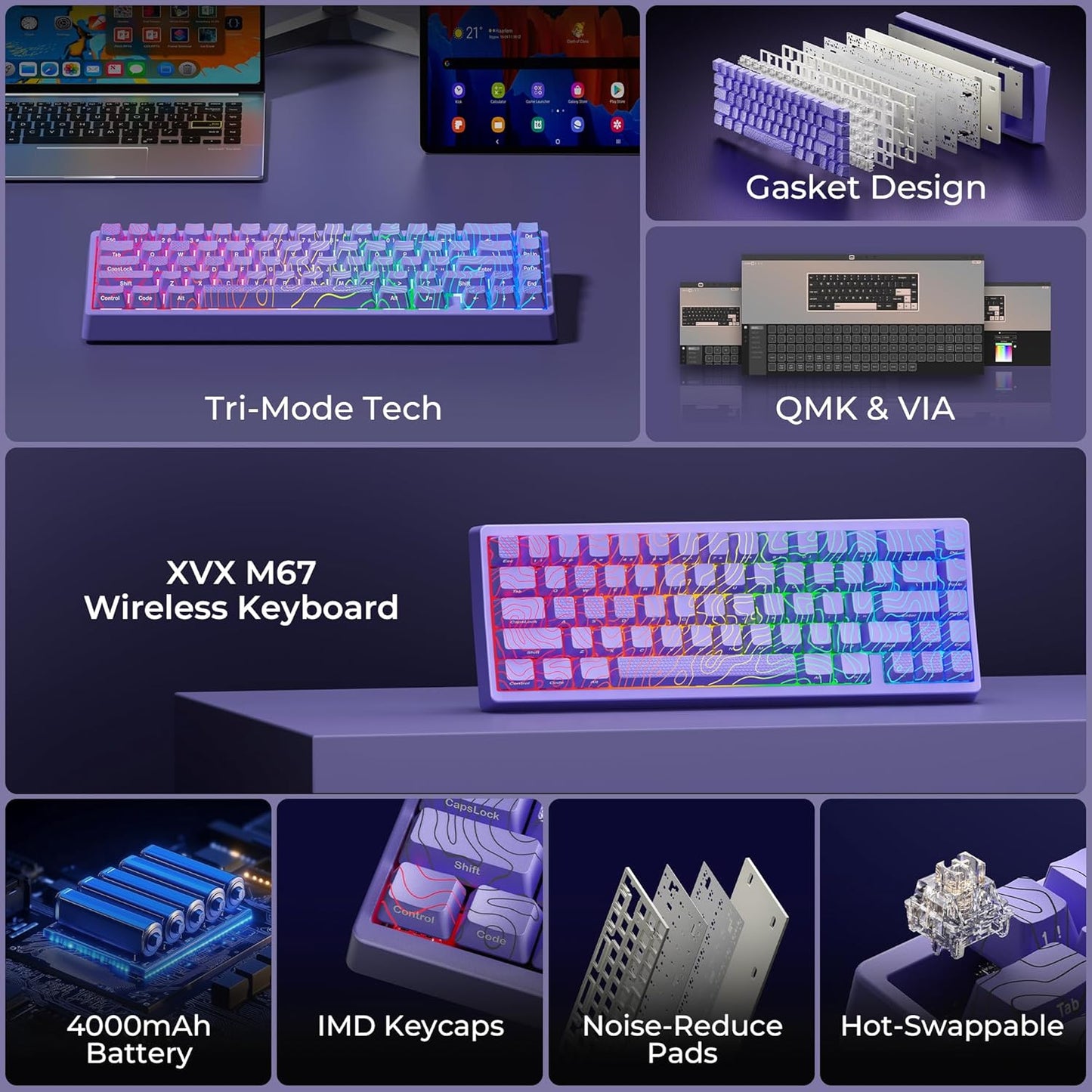 XVX M67 Wireless 60% Percent Keyboard, QMK/VIA Topographic Gaming Keyboard, Tri-Mode Thocky Creamy Mechanical Key Board, Hot Swappable Gasket Mount RGB IMD Tech for Win/Mac, Miami Theme, White