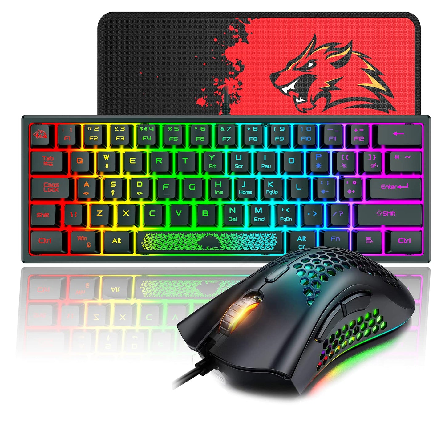 60% Gaming Keyboard and Mouse Combo Small Mini RGB Backlight Mechanical Feeling and Mechanical RGB 6400 DPI Honeycomb Optical Mouse,Gaming Mouse pad for Gamers and Typists Black