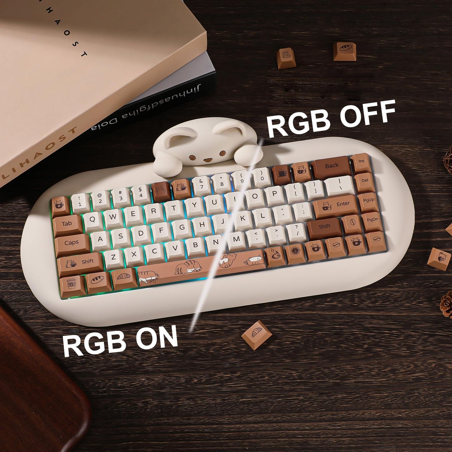 YUNZII Coffee Cat Dye Sub PBT Keycaps,152 Full Keys Dye Sublimation Custom Keycap Set with Key Puller for Cherry Gateron MX Switches Mechanical Gaming Keyboard (Cherry Profile, Coffee Cat)