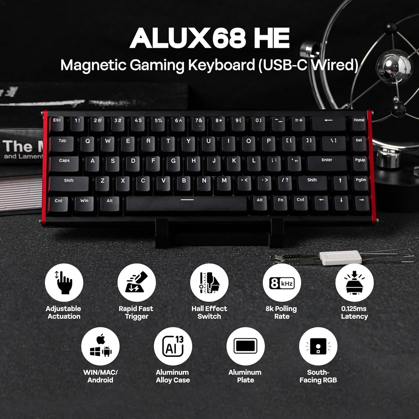 AJAZZ ALUX68 HE Aluminum Rapid Trigger Gaming Keyboard with Magnetic Switch, Wired Hall Effect Keyboard with 8K Polling Rate, 0.125ms Latency, RGB Backlight (Black Side-Printed, ALUX68)