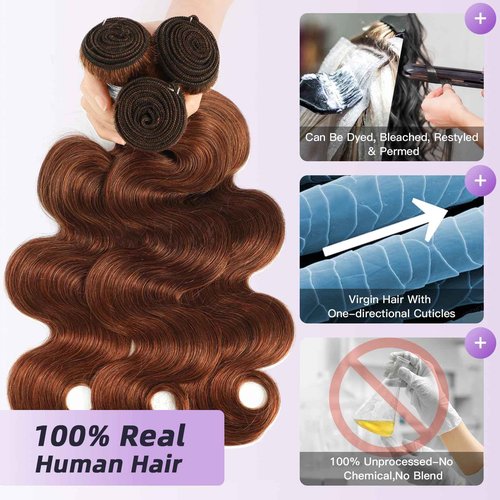 Light Reddish Brown Bundles with Closure Human Hair Body Wave, Color 30 Copper Brown 12A Brazilian Raw Virgin Human Hair 3 Bundles with 4x4 Closure Loose Wavy Quick Sew In Weave 10 12 14+10 Inch