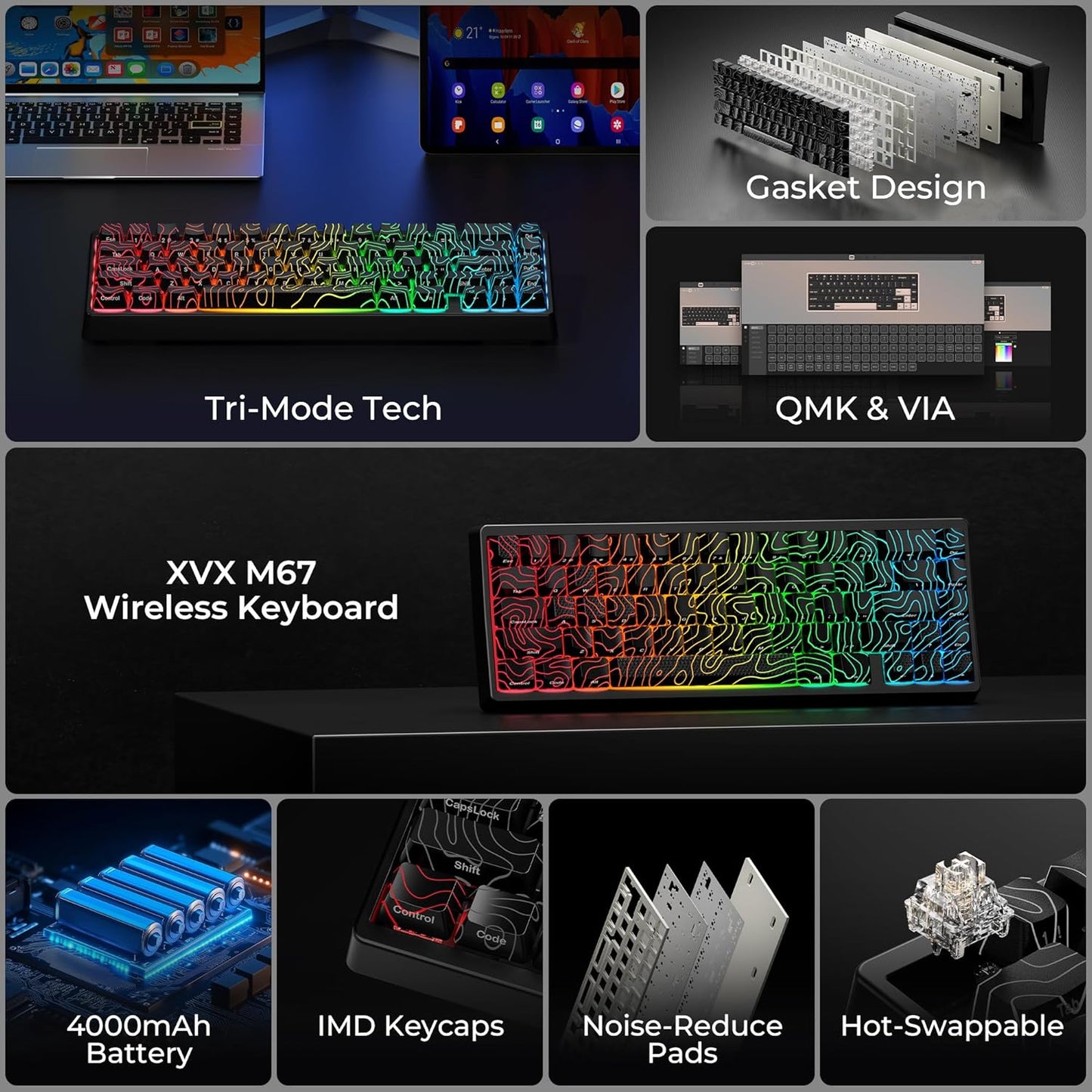 XVX M67 Wireless 60% Percent Keyboard, QMK/VIA Topographic Gaming Keyboard, Tri-Mode Thocky Creamy Mechanical Key Board, Hot Swappable Gasket Mount RGB IMD Tech for Win/Mac, Miami Theme, White