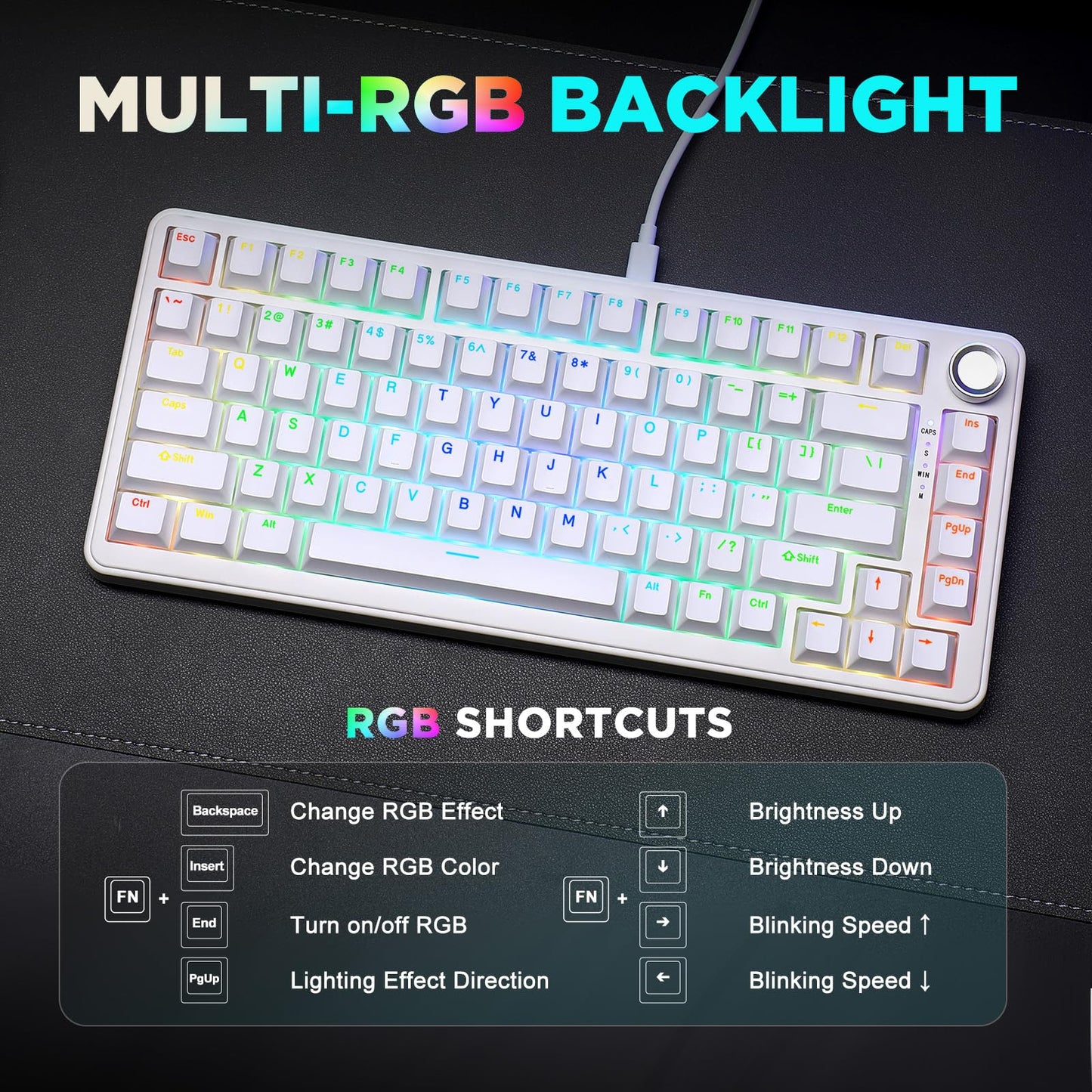 YUNZII B75 Mechanical Keyboard,75% Layout with Knob,Hot Swappable RGB Backlit Gasket Mounted, Creamy Typing, Double-Shot PBT Keycaps,Cherry Profile,for Win/Mac (White, Milk V2 Linear Switch)