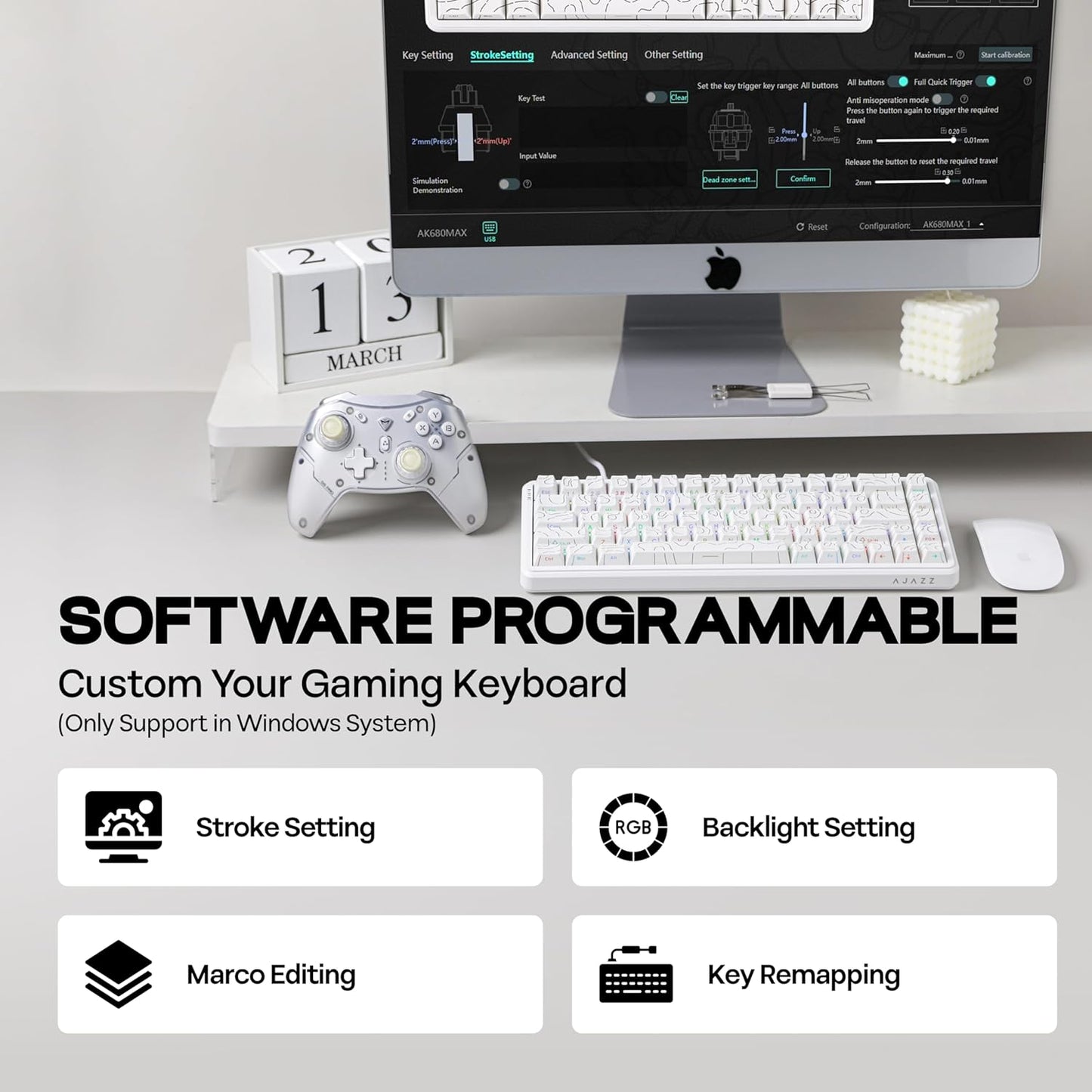 AK680 MAX Wired Gaming Keyboard with Hall Effect Switch, Rapid Trigger Magnetic Keyboard with 8K Polling Rate, Top Structure, RGB Backlight (White)