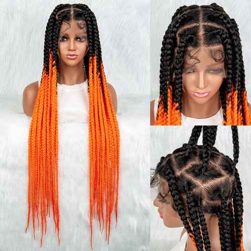 A ANYTIME 36 Inch Transparent Full Lace Braided Wigs Knotless Box Braided Lace Wigs for Black Women with Baby Hair Synthetic Lace Front Colored Braiding Wigs(OTORANGE)