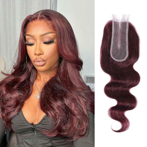 DSEKCAIN 2x6 HD Lace Closure Human Hair Body Wave 99J Burgundy Dark Red Wine Color Transparent Lace Closure 2x6 Long Deep Middle Part 100% Raw Virgin Human Hair 16 Inch 150% Density