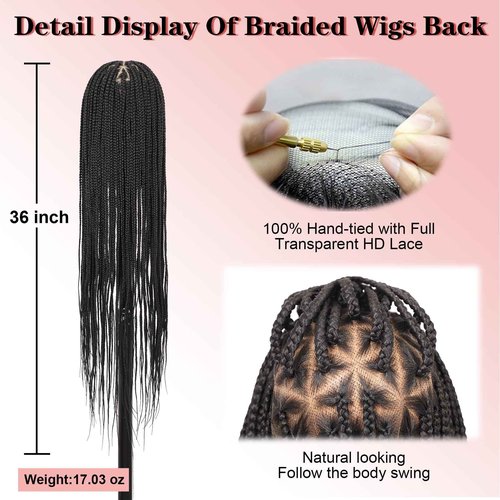 Zurffiy 360° HD Full Lace Braided Wigs for Women Knotless Braided Wigs Box Braid Wig with Baby Hair Human Hair Blended Braids Lace Front Wig Black 36 Inch
