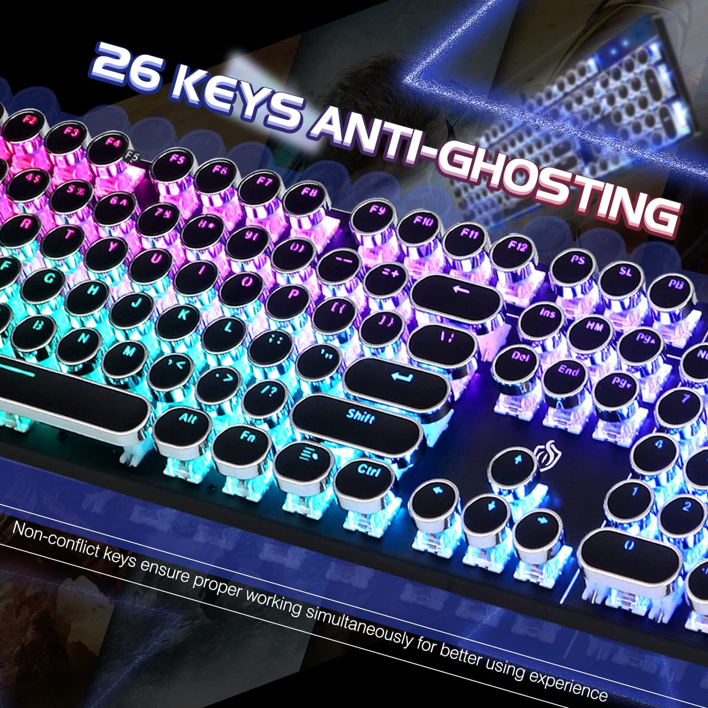 YSCP Typewriter Style Mechanical Gaming Keyboard RGB Backlit Wired with Blue Switch Retro Round Keycap 104 Keys Keyboard Compatible with Laptops/Chromebook/Desktop (Black 104 Keys RGB)