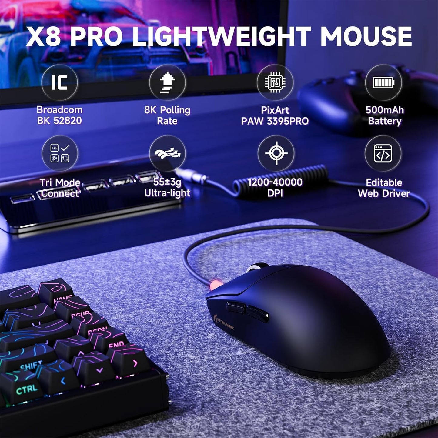 Attack Shark ajazz AK820 Mechanical Gaming Keyboard and X8 PRO Wireless Gaming Mouse-Black