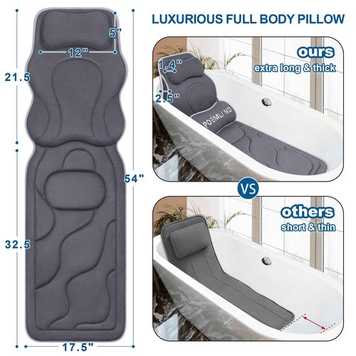 Poemland Full Body Bath Pillow for Tub - Extra Long & Thick Tub Pillow with Head, Back & Lumbar Support, 168 Non-Slip Suction Cups, Soft 5D Mesh Spa Cushion, Fits All Tubs-Gift for Soaking(Gray)