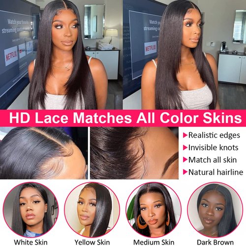 Queen Story 24 Inch HD Lace Front Wig 13x4 Lace Front Wig Straight Human Hair Wig 180% Density 9A Brazilian Virgin Human Hair Lace Front Wig for Women Natural Hairline