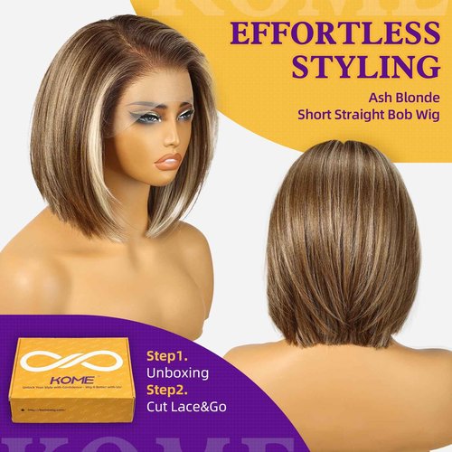 KOME Ash Blonde Highlight Synthetic Lace Front Wig,13×6 HD Short Straight Glueless Bob Wig for White Women Daily Use 12IN(#TT6/166)